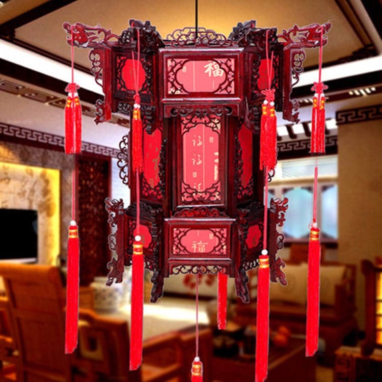 灯笼批发 仿古木雕实木六角宫灯户外羊皮灯笼