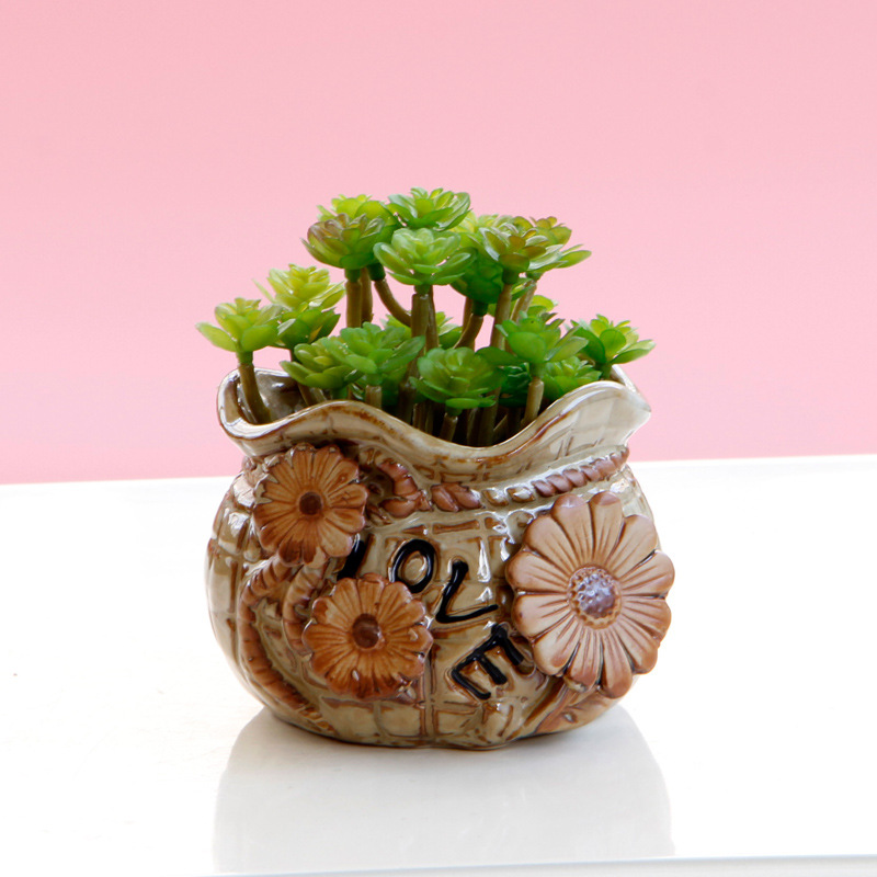 多肉植物花盆窑变釉陶瓷花器钱袋欧式复古浮雕花纹家居装饰摆件