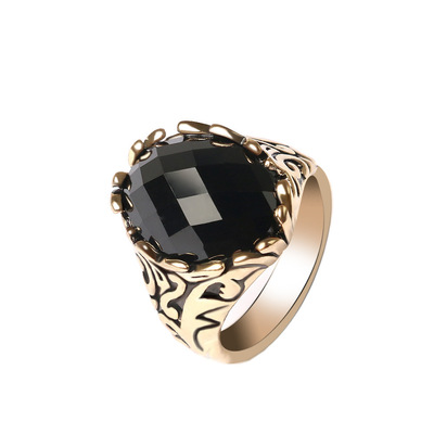 精美个性创意雕刻镶嵌切面黑宝石男士戒指 亚马逊ebay货源批发