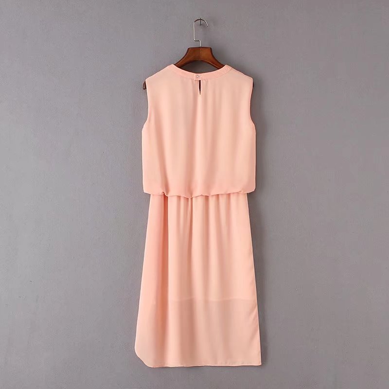 韩版女装2017夏季新款气质款木耳边双层粉色雪纺无袖连衣裙011136
