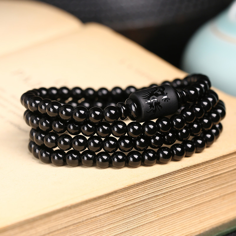 天然水晶黑曜石手链108颗多圈佛珠黑玛瑙手串饰品批发