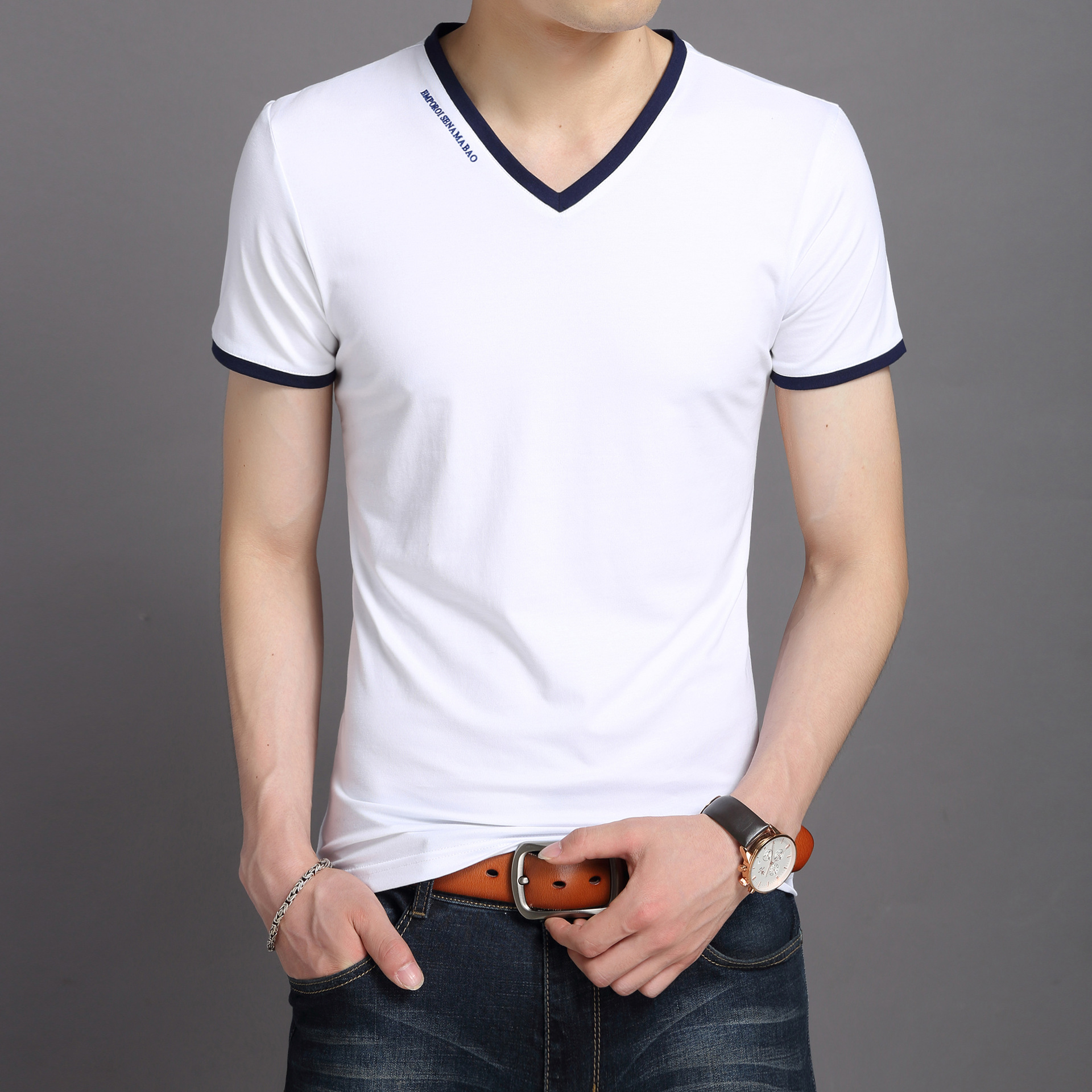 男装2020夏季新款棉短袖t恤男休闲纯色v领男士衣服青年男式t恤衫