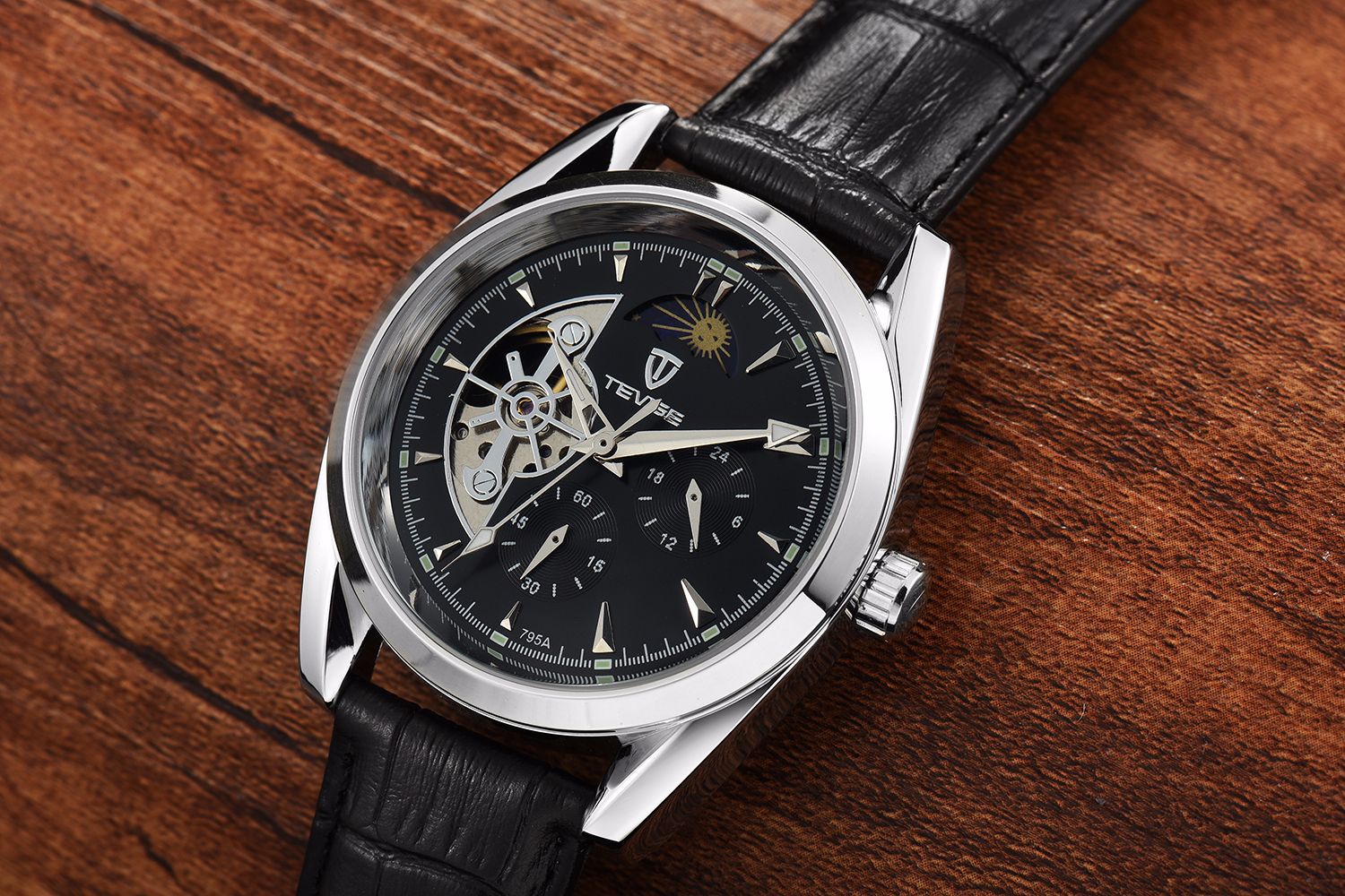 tevise/特威斯79银壳皮带多功能商务休闲精钢带男士手表watch