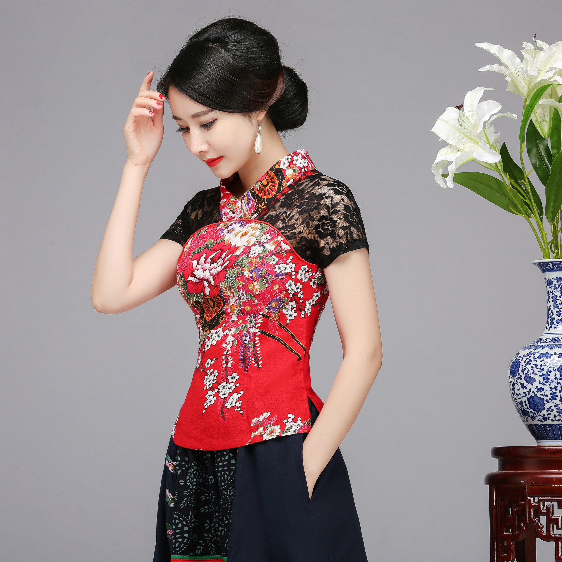 新款气质民族风修身上衣棉麻唐装 改良旗袍短袖女装时尚唐装上衣
