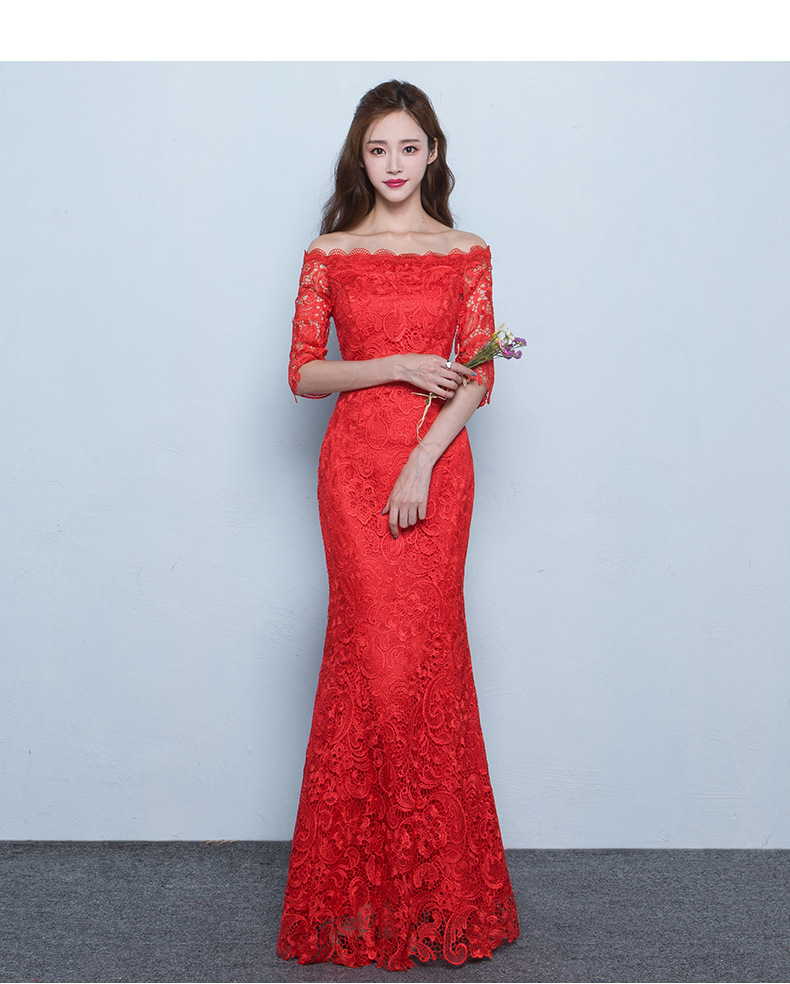 2018新娘敬酒服旗袍短款红色结婚礼服女修身显瘦一字肩鱼尾长款女