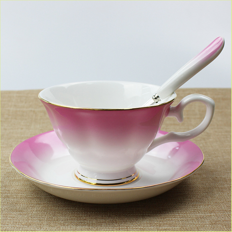 欧式陶瓷杯咖啡杯套装 高档金边渐变创意3件套 骨瓷咖啡杯碟勺
