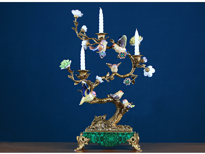 欧式手绘陶瓷配铜花鸟树枝烛台工艺品创意家居饰品玄关软装摆件