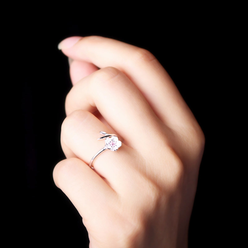 s925纯银戒指 素银花蕊镶钻夏日桃花开口戒 无名指戒 女友礼物