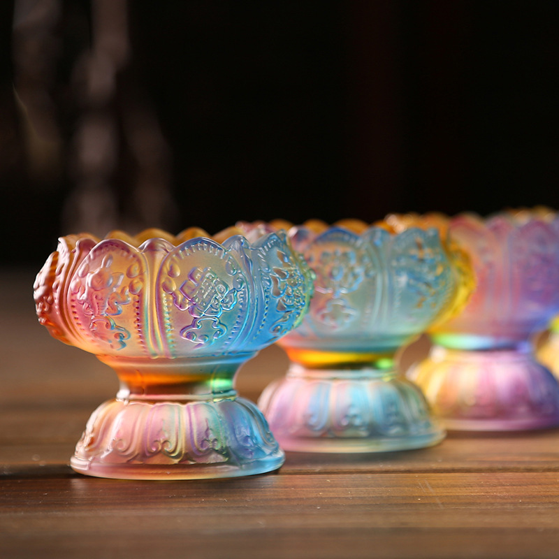 七彩琉璃供水杯供佛杯酥油灯座烛台八吉祥净水杯圣水杯八供杯供碗