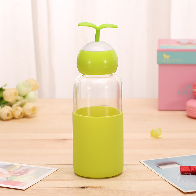 可爱豆芽小草玻璃杯 创意硅胶学生情侣水杯 定制logo广告礼品杯子