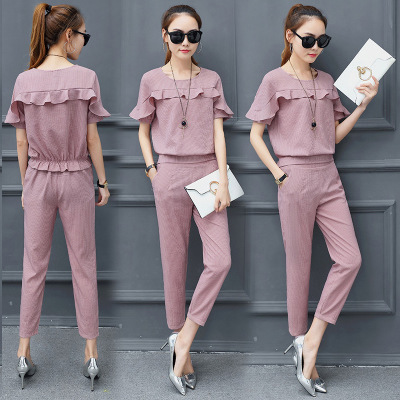 时尚套装女夏2019新款名媛荷叶边短袖上衣九分小腿裤时尚两件套