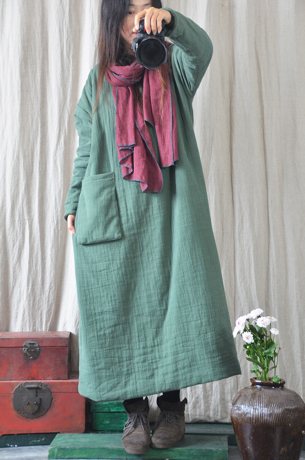 那年布语原创棉麻女装文艺棉袍长棉袄冬季壹旧菊家左岸风格棉衣长