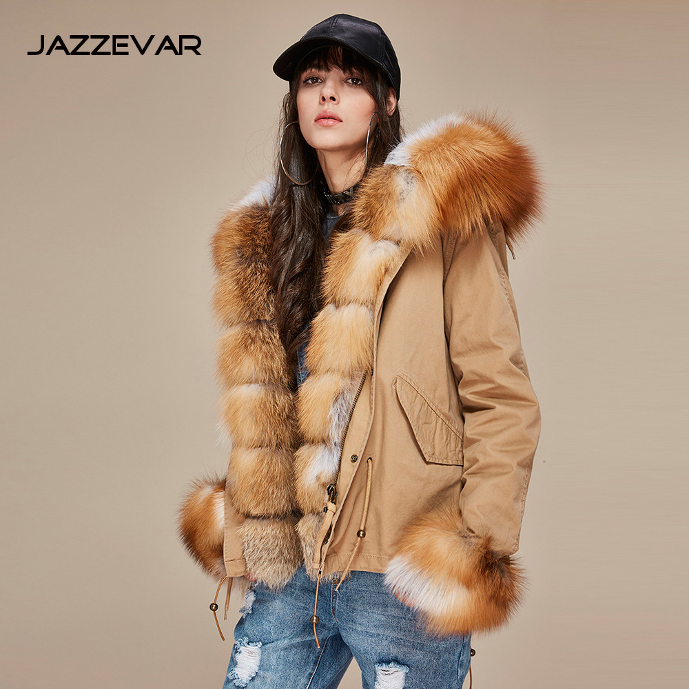 jazzevar新女装时尚狐狸毛口皮草派克大衣中长款外套大衣