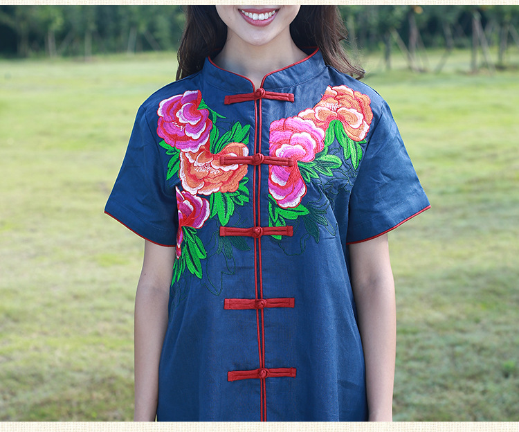唐装女民族风绣花中式上衣传统手工盘扣短袖开衫夏季棉麻女装批发