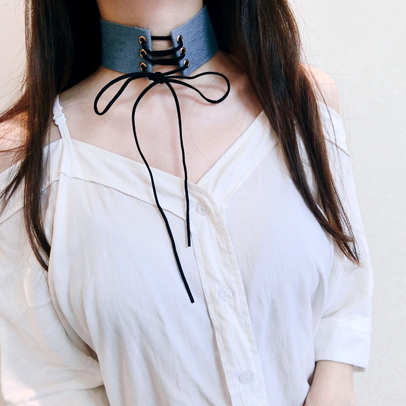 嘀咕家个性百搭牛仔布项链宽绑带锁骨链朋克性感潮流配饰批发