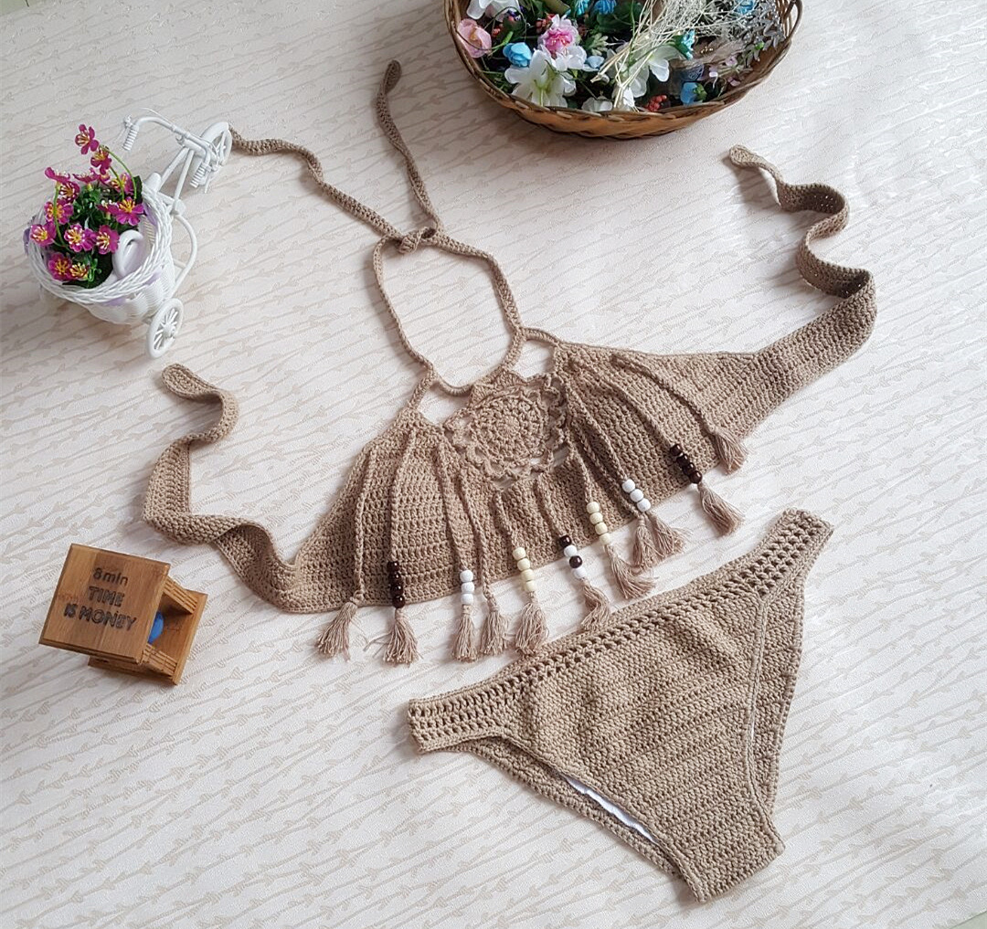 速卖通钩针比基尼手工针织流苏泳装欧美分体泳衣女士性感上衣裹胸