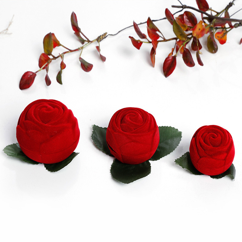新款时尚精美玫瑰花头可带枝戒指盒 精致耳钉绒布植绒礼品盒