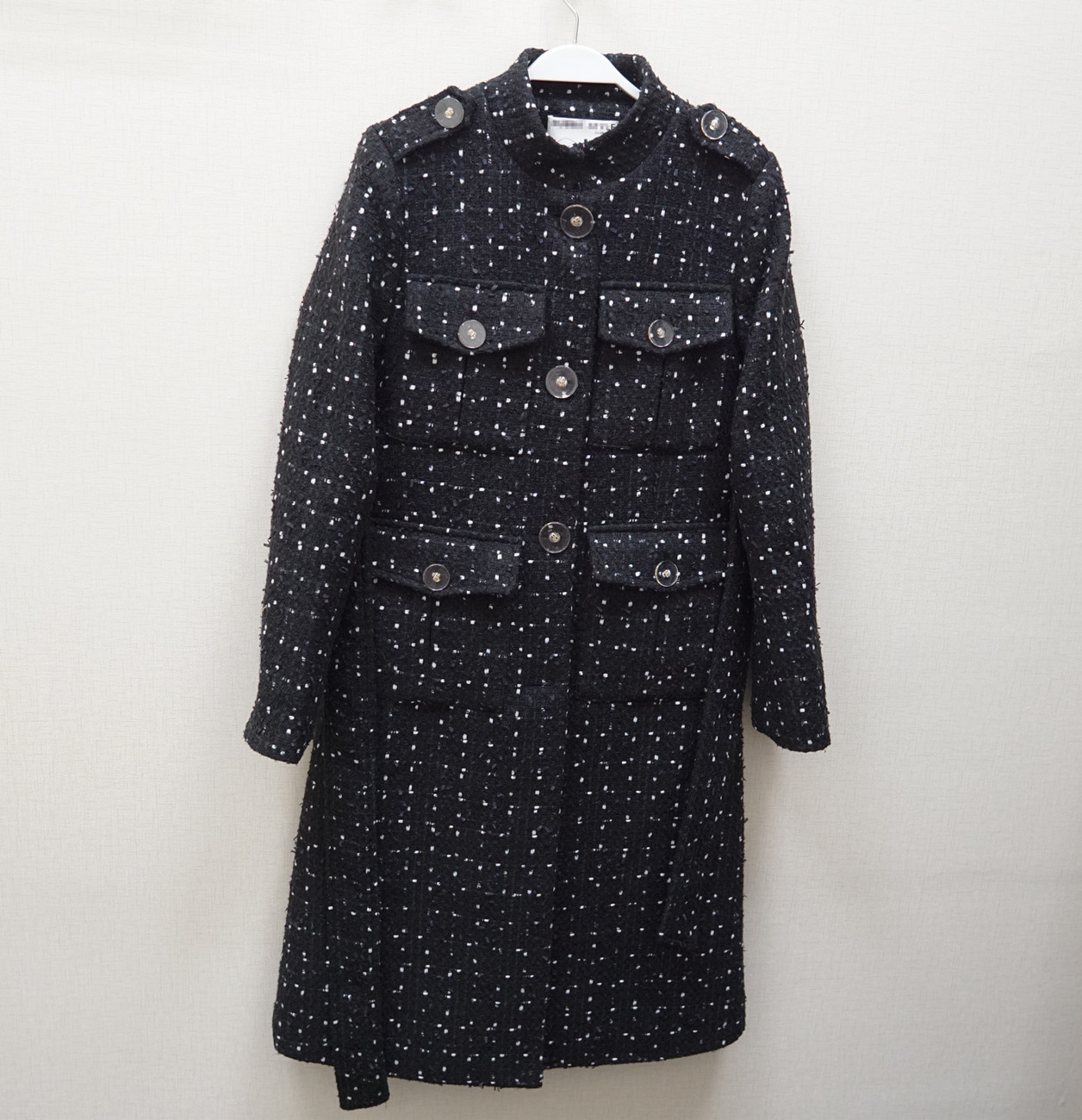 20春 小香风黑色波点粗花呢中长款毛呢外套大衣女立领修身女