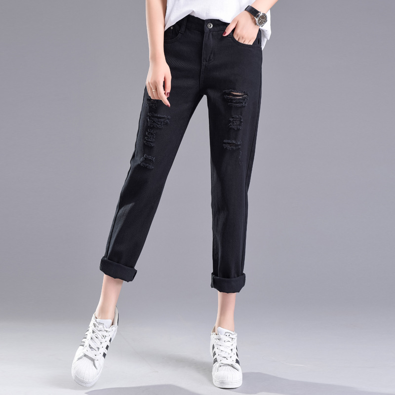 Ripped Jeans Cropped Pants Women's Black and White Loose Light Color BF Pants for Students Spring New Harem Cropped Pants