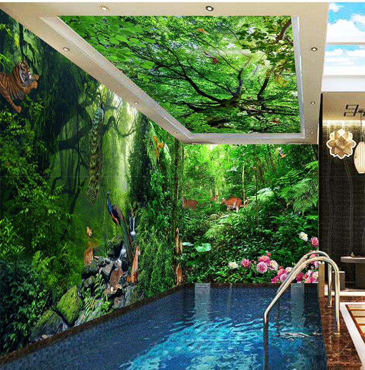 无缝壁画壁纸客厅沙发卧室梦幻原始森林动物立体全屋主题空间背景