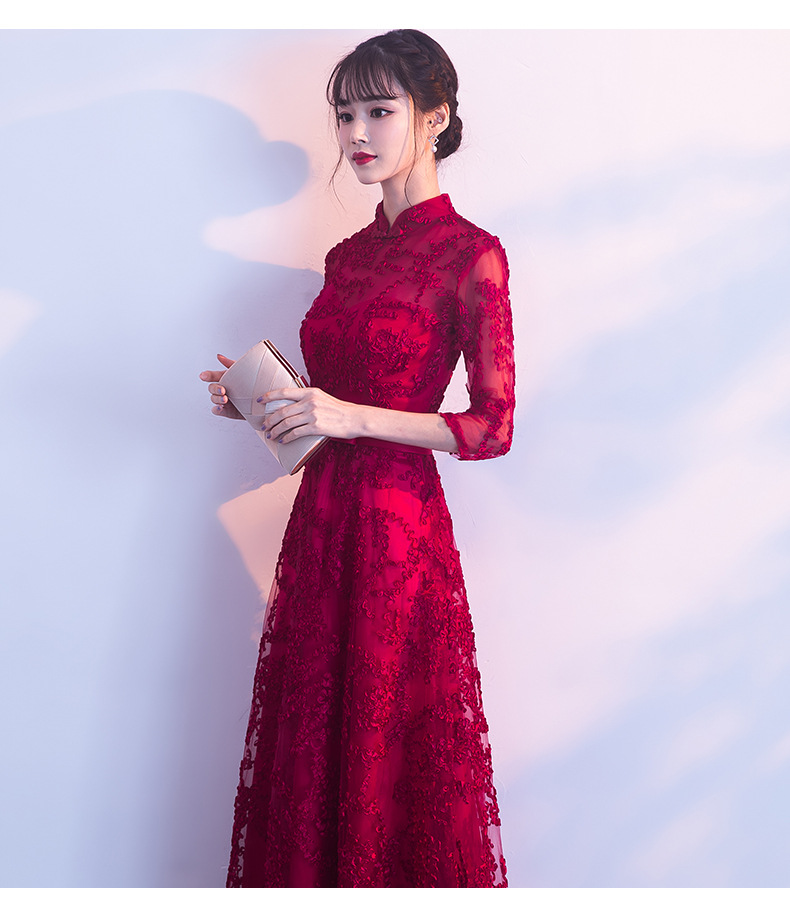 敬酒服长款红色宴会礼服2017新款 修身长裙女酒会晚礼服创意花纹