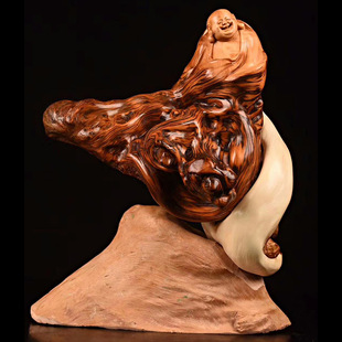 太行崖柏木办公室创意家居客厅小和尚摆件木雕 工艺品弥勒佛摆件