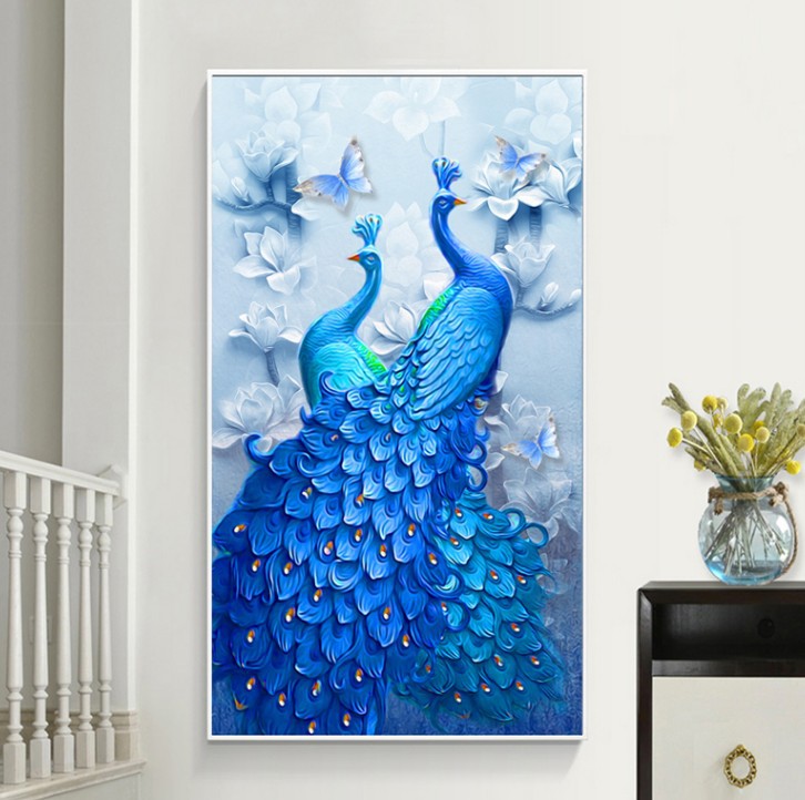 新款蓝色孔雀钻石画大幅简约现代凤凰满钻客厅玄关竖版钻石绣
