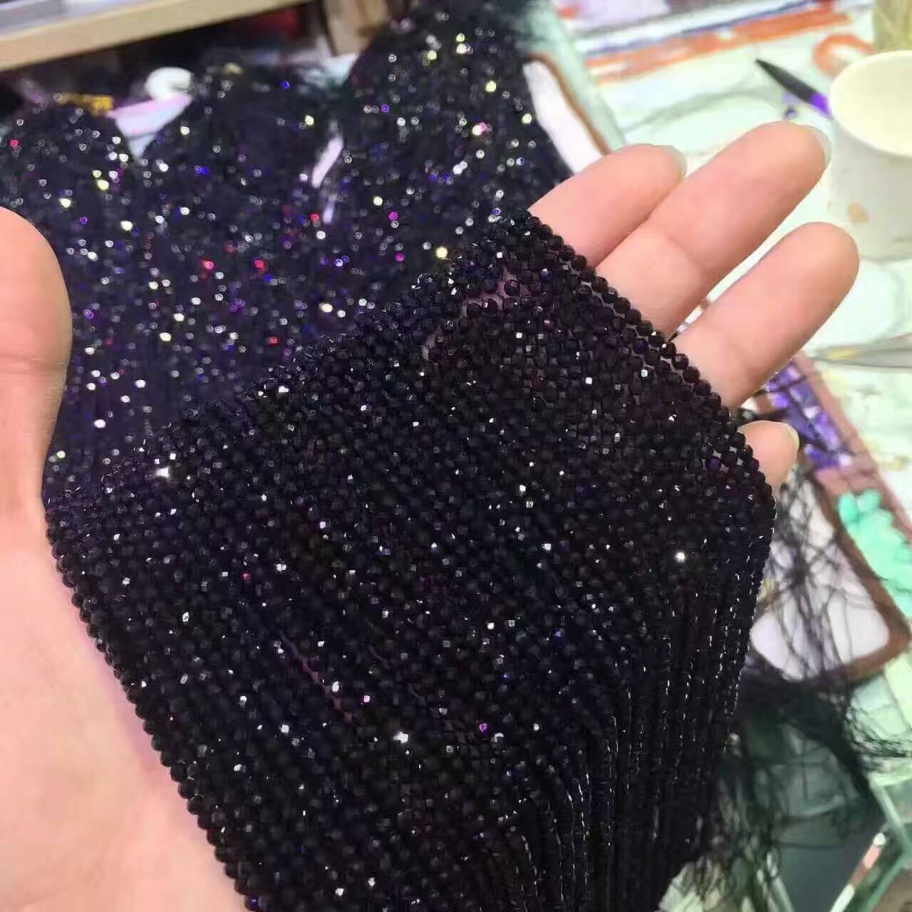 天然水晶 黑尖晶石刻面半成品 尖晶石足球面圆珠 diy饰品配件