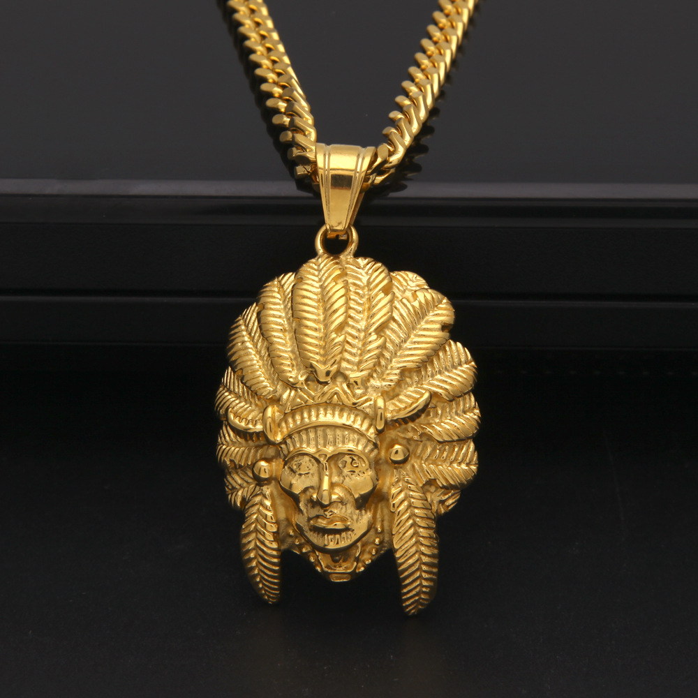 嘻哈印第安部酋长头像羽毛吊坠男士项链 不锈钢项链-阿里巴巴