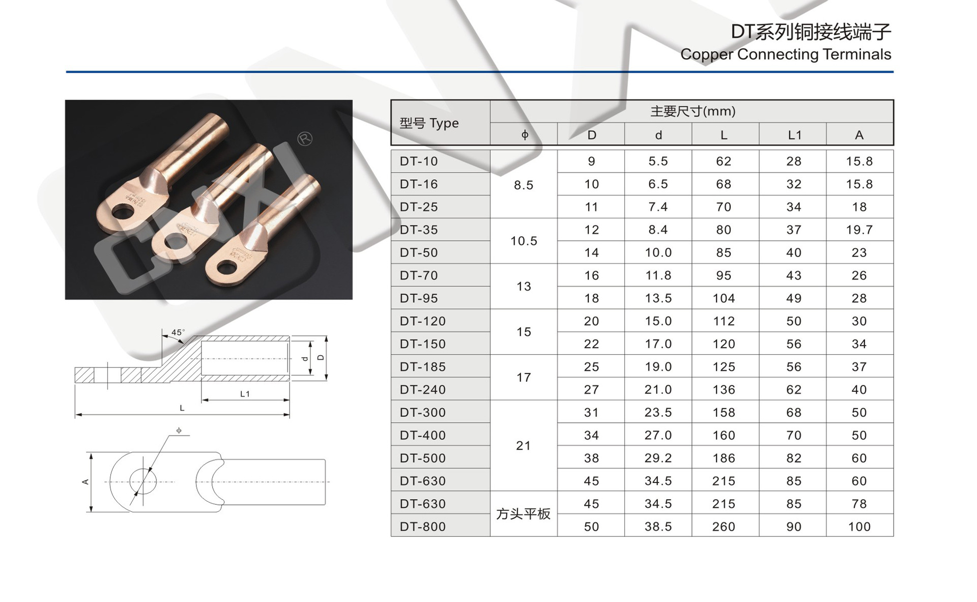 供应铜接线端子dt-240堵油铜鼻子dt240 接线鼻子批发生产(国标)