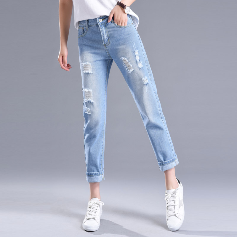 Ripped Jeans Cropped Pants Women's Black and White Loose Light Color BF Pants for Students Spring New Harem Cropped Pants