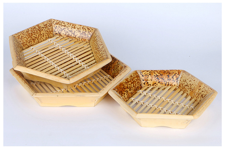 手工竹制果盘收纳竹篮油炸食品盘果盘竹编工艺品六角印花盘点心盘