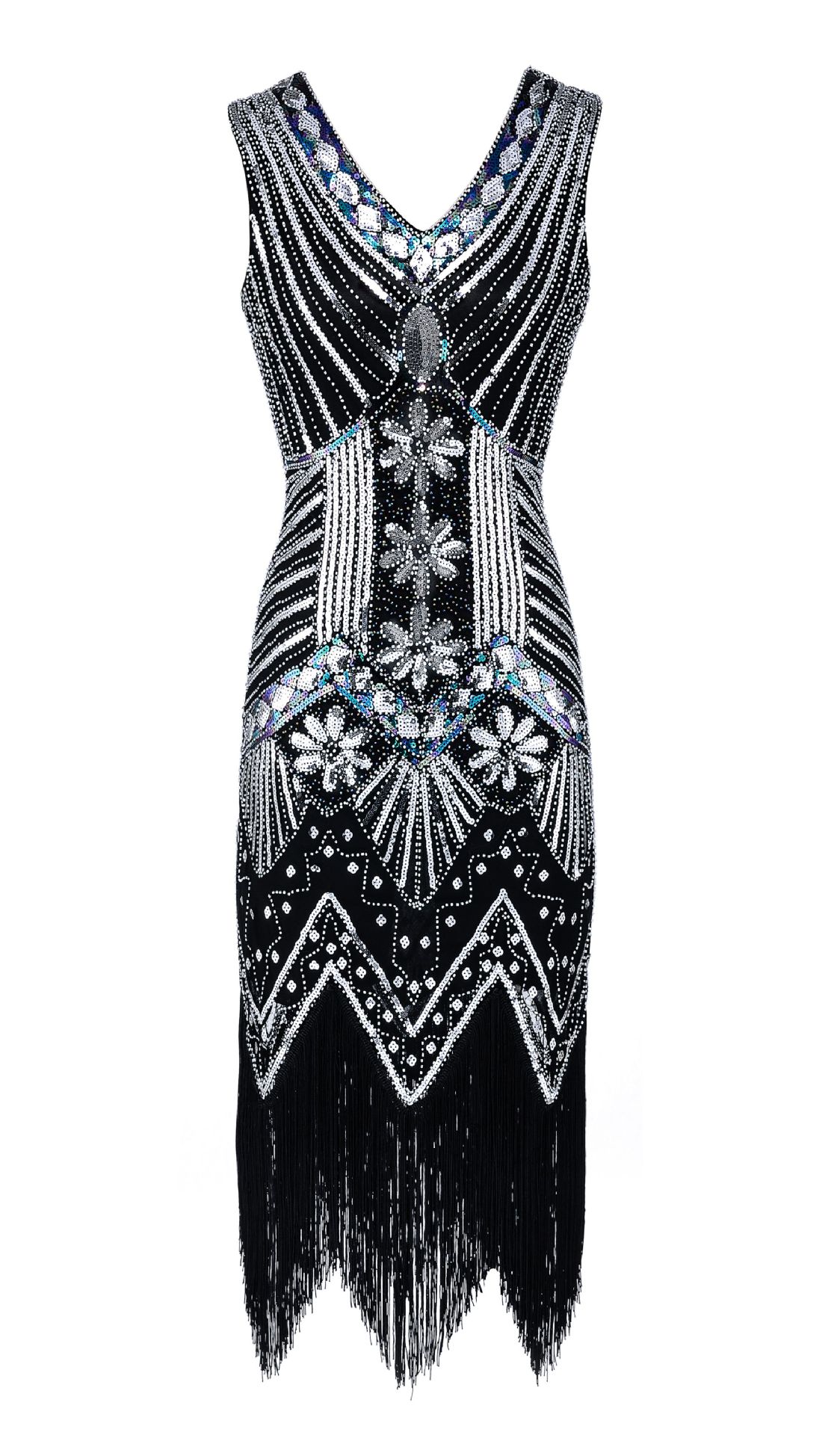 Sequin Studded Beaded Dress V-neck Tassel Gown