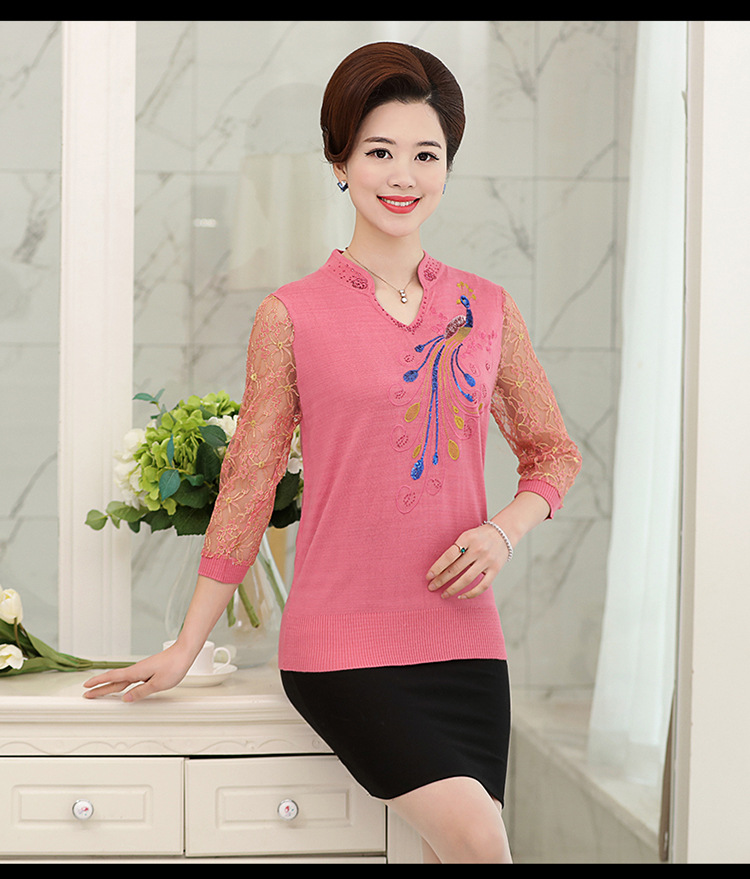 2017年轻中年妈妈装春装韩版蕾丝中袖针织衫中老年女装绣花上衣
