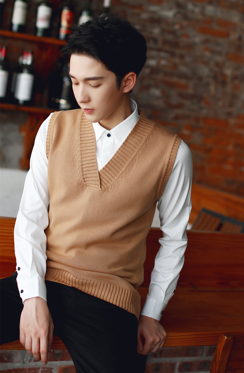 【清仓】毛线背心男无袖毛衫青年针织背心男毛衣马甲v领毛织坎肩