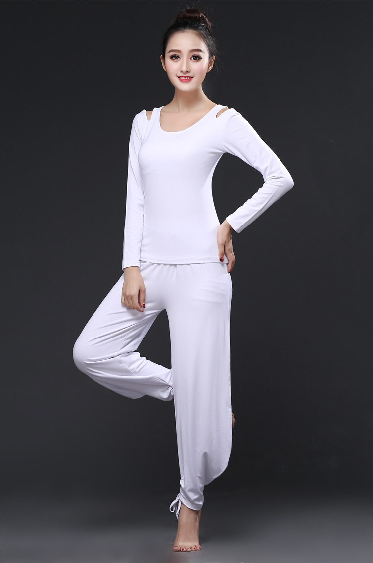 白色瑜伽服中长袖新款 运动舞蹈健身服修身表演服女练功服两件套