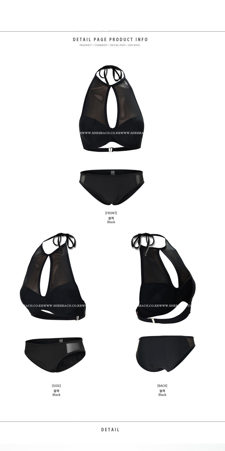 韩版钢托聚拢胸黑色网纱比基尼分体保守性感泳衣女bikini温泉泳装