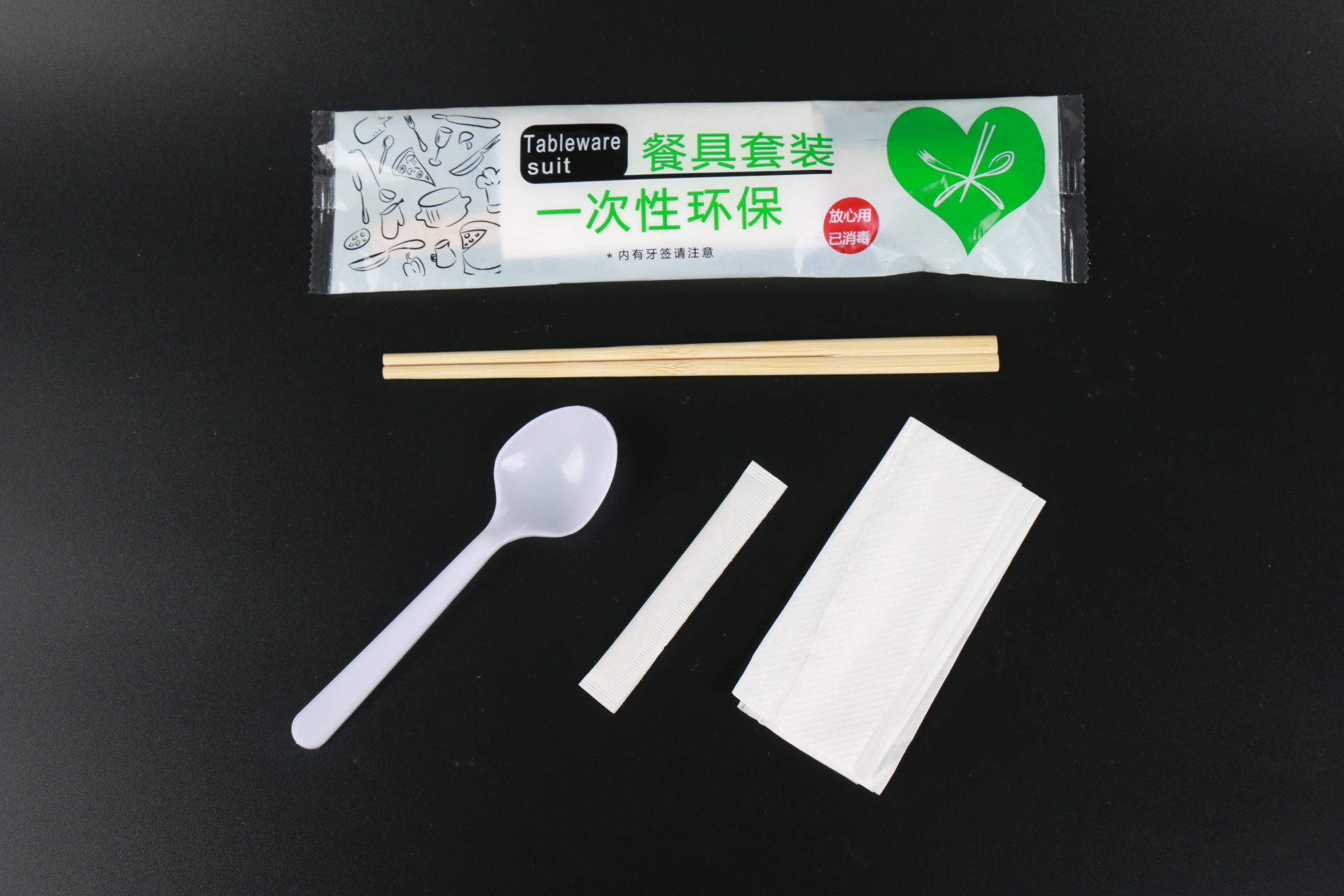 厂家批发 支持定制图案 一次性餐具四件套 筷子勺子牙签纸巾