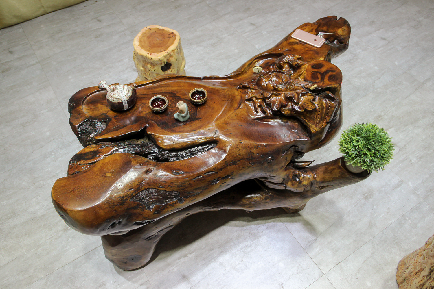 鸡翅木天然脚根雕茶台实木树墩功夫茶海整体根艺茶桌自然原木茶几