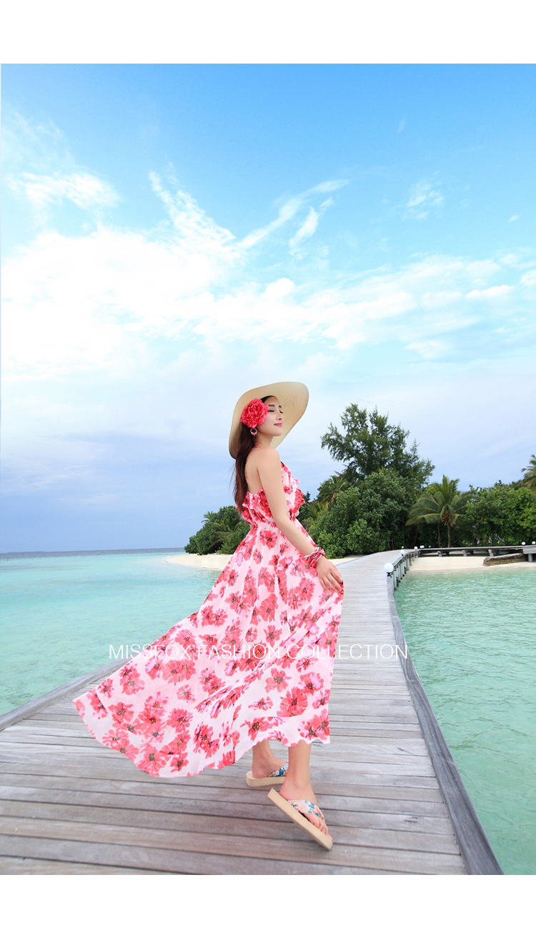 2017新款吊带不规则开叉雪纺连衣裙波西米亚显瘦海边度假中长款裙