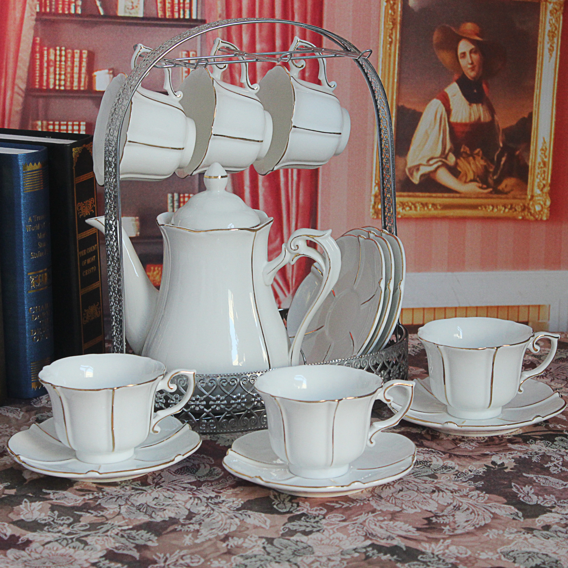 欧式咖啡杯壶套装描金骨瓷咖啡具简约套装陶瓷英式下午茶具杯具