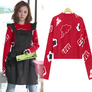 我的体育老师王晓晨王小米同款love趣味毛衣女短款毛衫针织打底衫