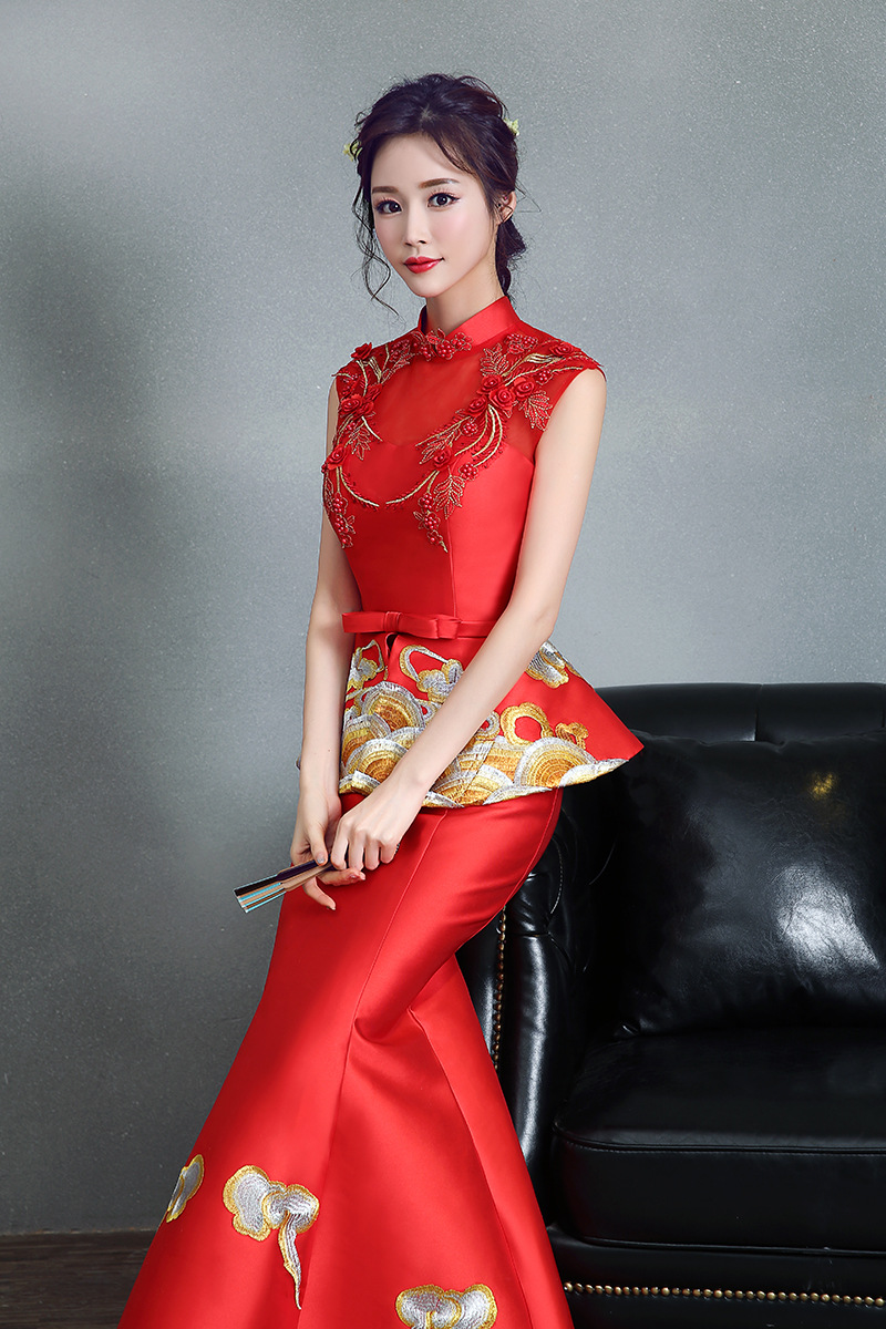 2018新款新娘敬酒服立体剪裁优雅修身礼服改良鱼尾旗袍