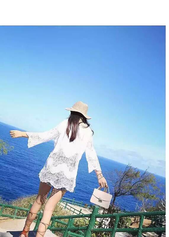 2016夏季新款海边度防晒衫v领镂空钩花宽松大码比基尼罩衫镂空
