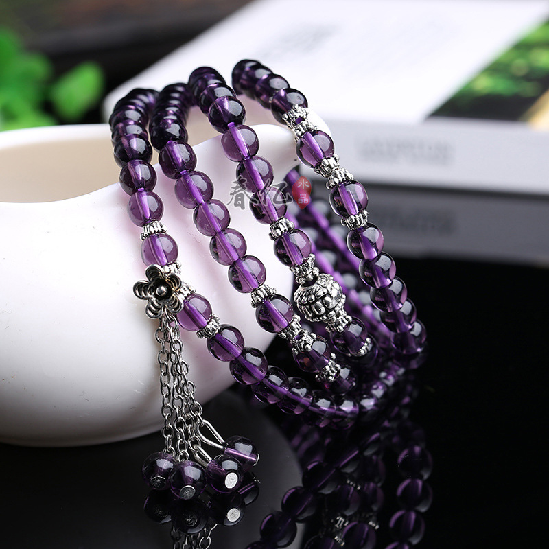 春亿 东海合成水晶diy饰品紫水晶四圈手链配饰925银小花配流苏