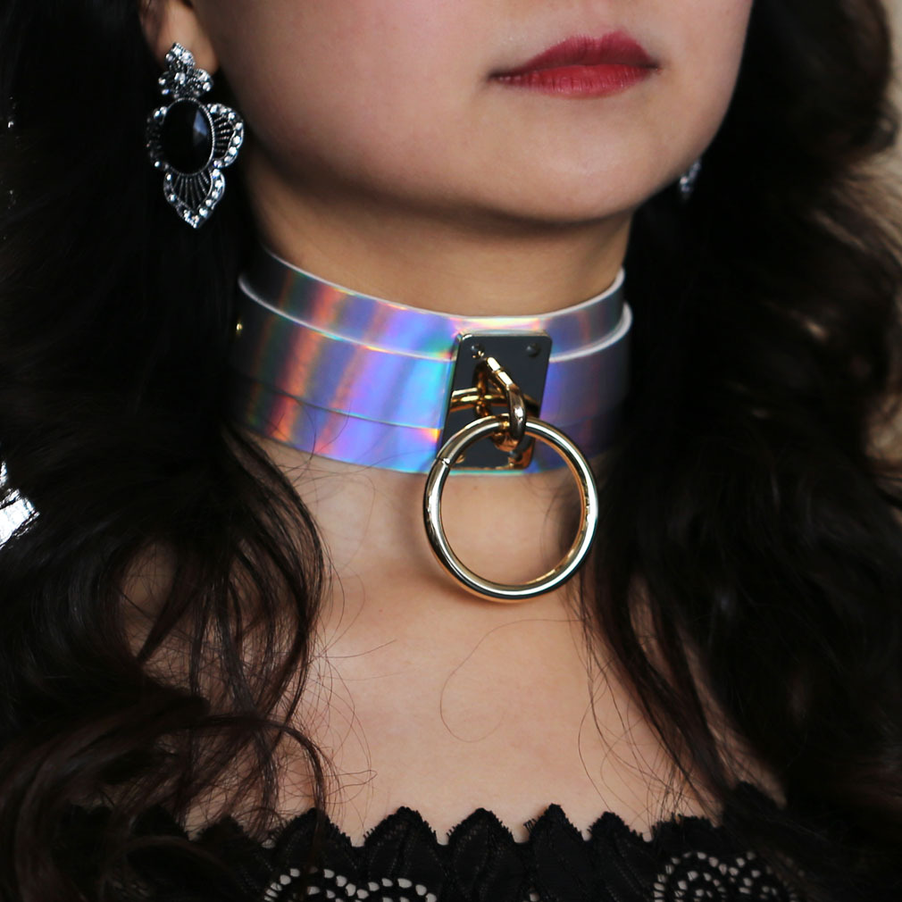 欧美朋克夸张镭射发光颈脖套超大o圆形金属bdsm束缚情趣奴隶项圈
