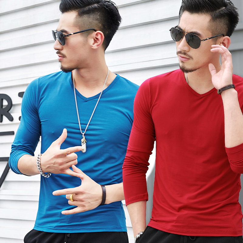 Men's Long-Sleeved Solid Color T-shirt V-neck T-shirt Solid Color Men's Long-Sleeved T-shirt Spring and Autumn Leisure Bottoming Shirt One Piece Dropshipping