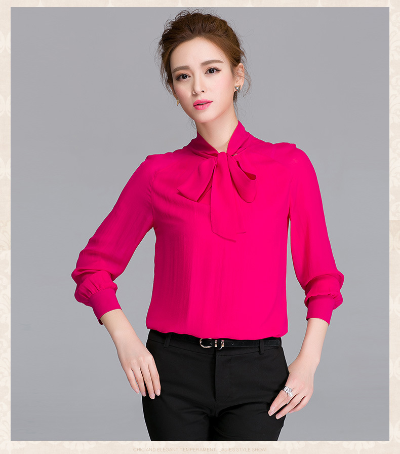 百搭时尚舒适透气女士衬衣经典纯色系带领显瘦淑女真丝衬衣