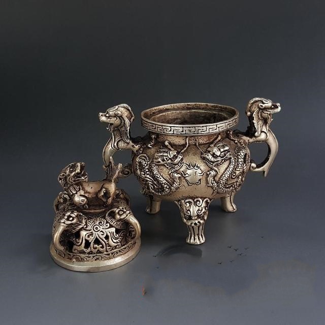 批发仿古铜器白铜黄铜镀银貔貅香熏炉双龙戏珠熏香炉摆件家居用品