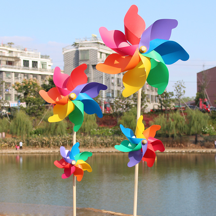 42cm上下两轮七彩木杆塑料风车户外儿童玩具装饰园林风车批发
